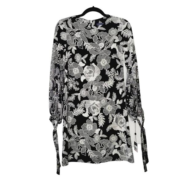 Tommy Hilfiger Womens Size 2P Black & White Floral Mini Dress With Long Sleeves - Picture 3 of 15